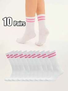 30/20/10/5 Pairs Women's Striped White Soft Comfortable Mid-Calf Socks, Suitable For Daily, Outdoor Leisure Sports, Loafers, Sneakers, All Seasons - Multicolor - View 7
