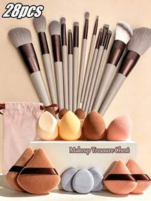 27pcs Professional Makeup Brush Set, Women Makeup Brushes Kit, 13pcs Makeup Brushes + 14pcs Brown Makeup Sponges, Eyeshadow, Foundation, BB Cream, Concealer Brushes, Soft Fiber Makeup Tools For Beginners, Portable Travel Set, Gift For Women And Girls, Summer Style, Back To School Gift - Multicolor - View 2