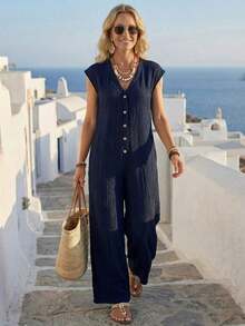 Women's Versatile And Fashionable Solid Color Jumpsuit With Buttons For Vacation - Grey - View 4