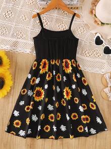 Girls' Summer Solid Color Patchwork Daisy Print Button Decor Casual Dress, Youthful And Stylish Girl Outfit - Black - View 2