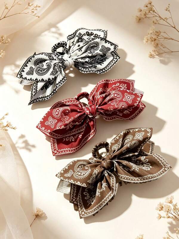 3Pcs Retro Elegant Butterfly Hair Clips, 3 Cute Colors With Bows And Tassels, Paisley Bohemian Style Hair Claw, Suitable For Thick Hair, Hair Accessories, Beachwear/Everyday/Party/Styling Accessories, Women's Hair Accessories, Gift Recommendation, Women's Hair Clips, Women's Claw Clips, Clips