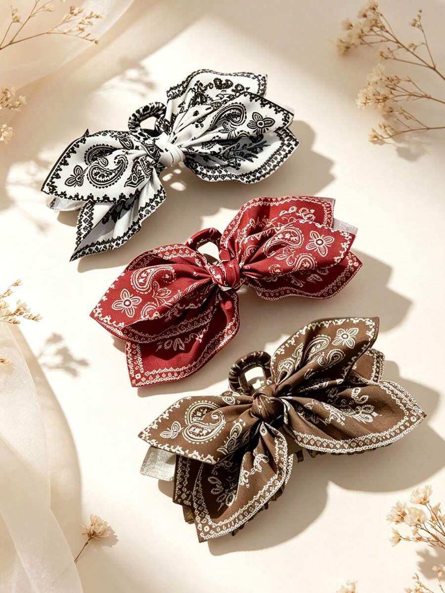 3Pcs Retro Elegant Bow Hair Clips, 3 Cute Colors With Bows And Tassels, Paisley Bohemian Style Hair Claw, Suitable For Thick Hair, Hair Accessories, Beachwear/Everyday/Party/Styling Accessories, Women's Hair Accessories, Gift Recommendation, Women's Hair Clips, Women's Claw Clips, Clips