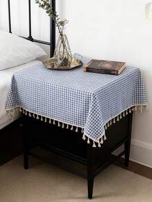 Tokoto Blue Gingham Tablecloth With Tassel Fringe, Farmhouse Cotton Linen Table Cover For Dining Table, Nightstand & Coffee Table Decor, Rustic Boho Plaid Style - Blue - View 4