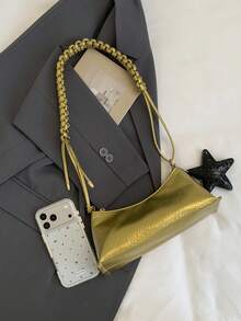 1pc Women's Shoulder Bag, Unique Strap Design, Shoulder Baguette Bag, With Star Charm Accessory - Gold - View 4
