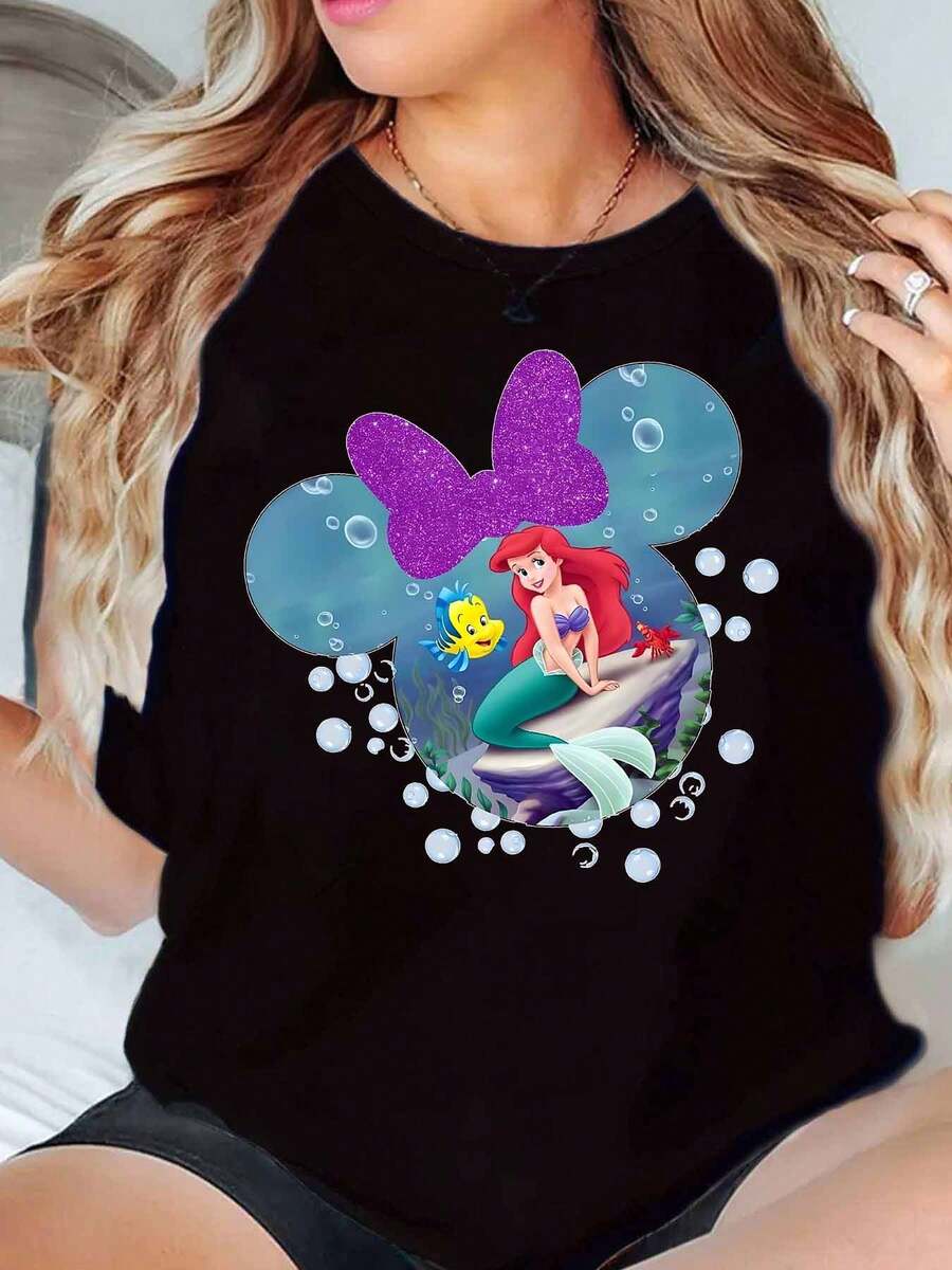 Mickey Mouse Head With Ariel And Flounder Underwater Print Disney Women T Shirt Round Neck Short Sleeve Casual Summer Wear For Everyday And Holiday Soft Comfortable 220g - màu đen - Xem 1
