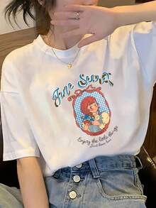 Primavera Grafica.1pac.100%Cotton.Unisex Loose-Fit Short-Sleeve T-Shirt With Letter And Cartoon Character Prints.Versatile.Classic - White - View 3