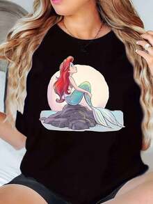 Mermaid Princess Ariel Sitting On Rock Print Disney Women T Shirt Round Neck Short Sleeve Casual Summer Wear For Beach Vacation Soft Comfortable 220g - màu đen - Xem 1