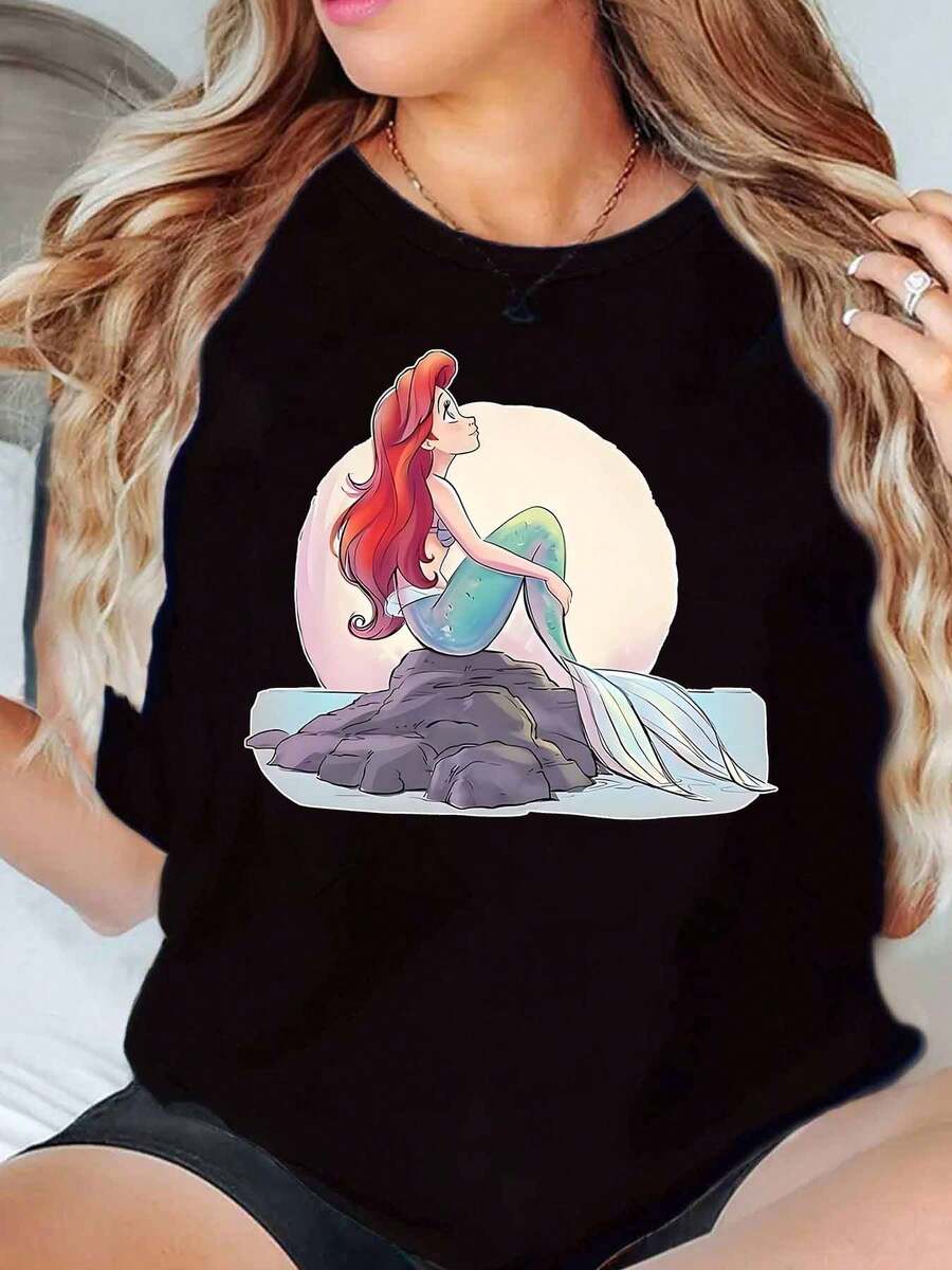 Mermaid Princess Ariel Sitting On Rock Print Disney Women T Shirt Round Neck Short Sleeve Casual Summer Wear For Beach Vacation Soft Comfortable 220g - màu đen - Xem 1