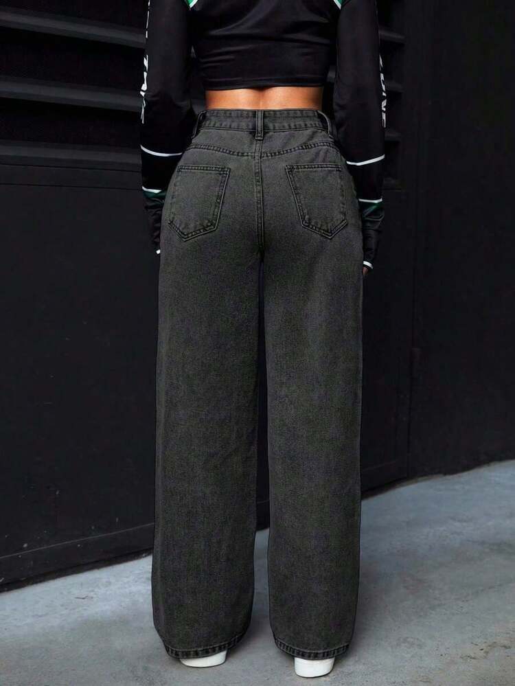 PETITE Jeans rectos de cintura alta lavados de estilo casual para mujer - Gris Claro - Añade 3