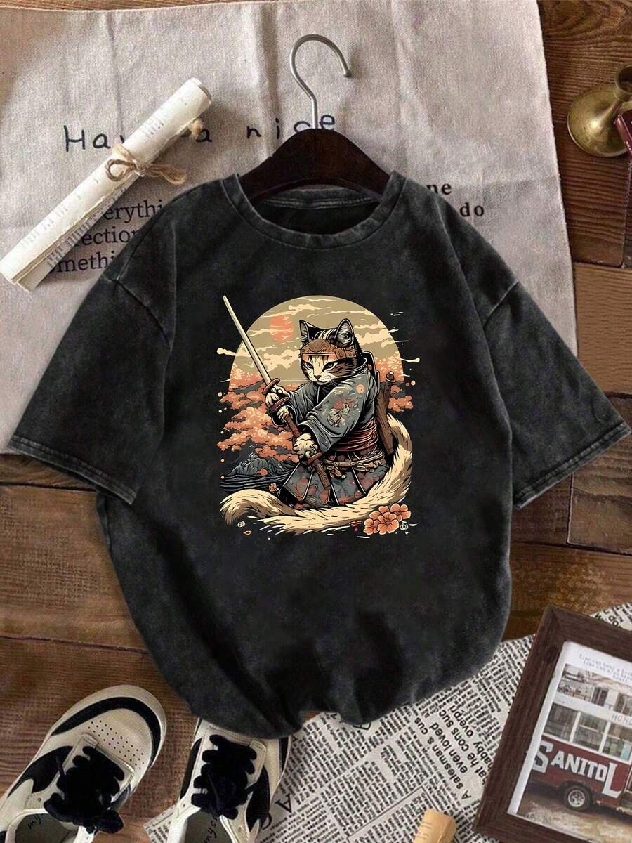 Women's Plus Size Vintage Washed T-Shirt With Lettering, Plants, Animals, And Classic Prints. A Must-Have For Holidays And Travel With A Retro, Classic, And Urban Style. - 黑色 - 查看 1