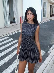 Vestido de línea A sin mangas con estampado de lunares para mujer, vestido ajustado elegante de cuello redondo, atuendo de verano, estilo vintage chic para fiesta - Azul - Ver 8