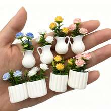 4pcs/Set 1/12 Miniature Potted Plants, Assorted Realistic Floral Decor Models For Dollhouse - Multicolor - View 1