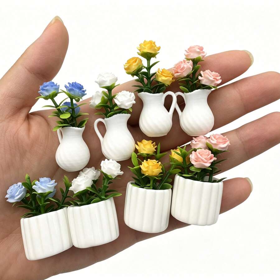 4pcs/Set 1/12 Miniature Potted Plants, Assorted Realistic Floral Decor Models For Dollhouse - Multicolor - View 1