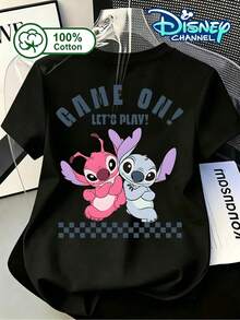 Disney Lilo & Stitch & Angie Double Print Women's T-Shirt, Summer Casual Short-Sleeve Top. The Front Features A Cute Chibi Version Of Stitch And Angie Together, Paired With The Curved "GAME ON! LET'S PLAY!" Lettering. The Back Enlarges To Show The Two Characters Interacting, With A Blue-Grey Checkerboard Print At The Bottom. Suitable For Daily Commutes, Disney Lovers, And Family Outings. The Breathable Cotton Fabric Is Comfortable And Not Stuffy. The Double Print Design Breaks The Monotony Of A Typical Outfit, Creating A Gentle Yet Energetic Everyday Style. A Versatile Item For Lilo & Stitch Fans. - màu đen - Xem 3
