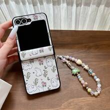 Soft And Cute Rabbit In Flower Folding Phone Case With Chain, Suitable For Samsung Galaxy Z Flip3 5G/Galaxy Z Flip 4 5G/Galaxy Z Flip 5 5G/Galaxy Z Flip 6 5G/Galaxy Z Flip 7 5G, New Floral Folding Phone Case - Multicolor - View 1