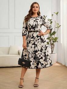 Vestido midi de vacaciones con cintura ceñida, manga 3/4 y estampado floral elegante para mujer de talla, sin cinturón incluido - Multicolor - Ver 2