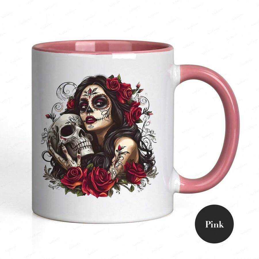 [24-Hour Shipping Within Mexico] Double-Sided Printed Mug, 1 Piece, An 11-Ounce Ceramic Coffee Mug With A Day Of The Dead Sugar Skull And Rose Design, Dishwasher , Showcasing A Unique Work Of Art, Making It A Great Gift For Loved Ones, Perfect For Holidays Or Parties. - 1 - 查看 1