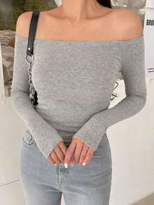 Camiseta ajustada de mujer de cuello de pico, azul marino sólido, ropa de primavera/verano/otoño, top de mujer de manga larga con hombros descubiertos - Gris 4 - Ver 4
