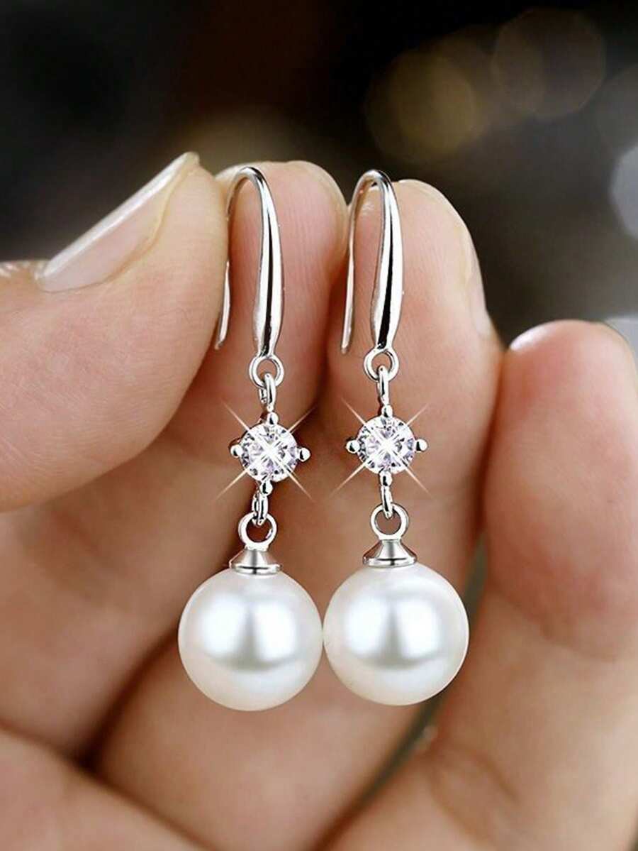 一对浪漫立方氧化锆和仿珍珠耳环,专为女性设计,适合婚礼、订婚、周年纪念派对、情人节礼物 - 銀色 - 查看 1