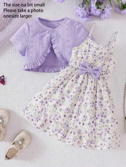 Bộ 2 món áo crop top ngắn dệt kim khoét lỗ cho bé gái kèm váy in hoa, thường ngày, xuân/hè