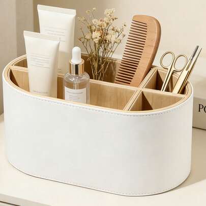 PU Leather Office Desk Organizer Rack, Multi-Layer, Desktop Storage Holder For Remote Control, Pens, Makeup Brushes, Office Accessories - (Beige)