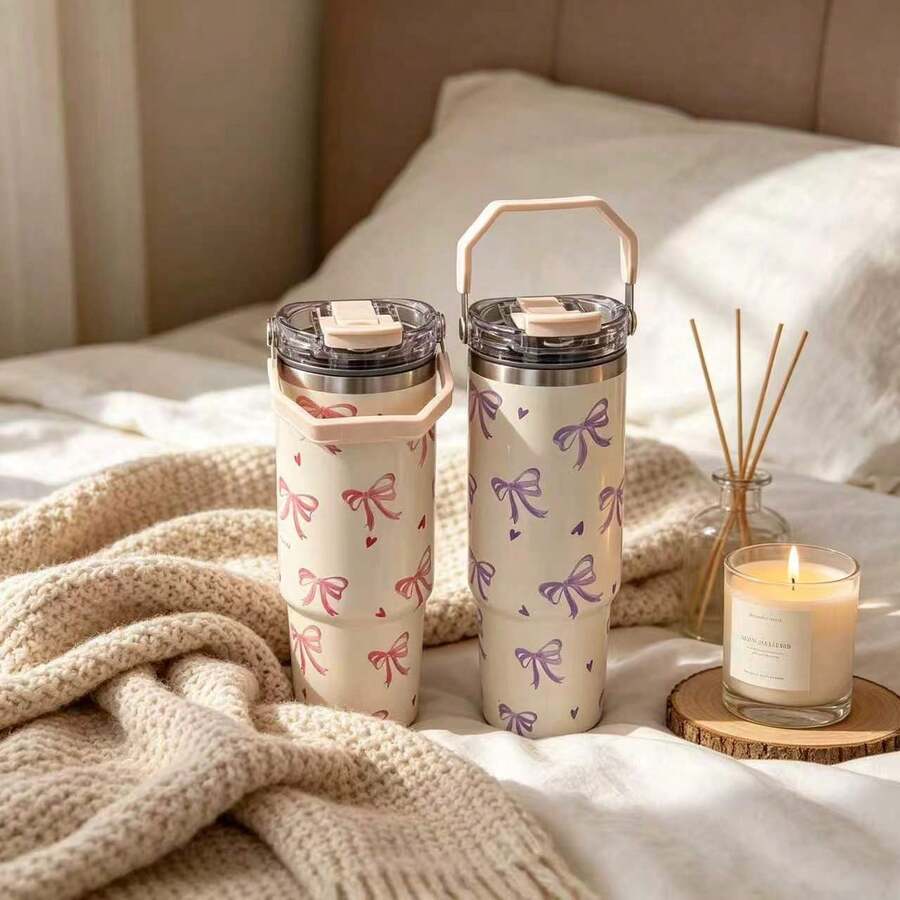 1pc 900ml (33.44oz) Stainless Steel Cup With Handle And Straw, Cute Bow & Heart Design, Double-Wall Insulated For Hot/Cold Drinks, Ideal For Home, Office, Outdoor Use, Also A Great Gift For Friends, Birthday Or Christmas