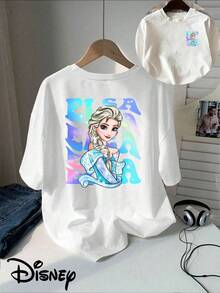 Disney Classic Licensed Elsa T-Shirt With Double-Sided Print, Short-Sleeved Round Neck Casual Top, Suitable For Summer And Spring, Short-Sleeved Top, Women's Clothing - 白色 - 查看 1