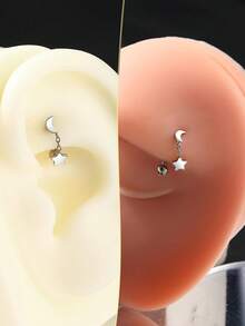 Pendientes de aro con colgante de luna y estrella de acero inoxidable 316L de 16G para perforación de ceja y oreja rook para mujeres, joyería de barra curva para perforación - estrellas y luna - Ver 3
