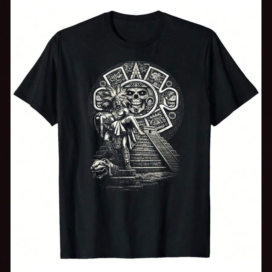 Aztec2 Calendar And Pyramid Tee-AZTEC2 WARRIOR AND LADY - Black - View 1