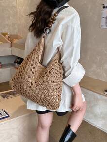 2026 Bolso de hombro tejido a ganchillo de color contrastante a la moda, bolso de hombro con asa superior tejida hueca, bolso de tote casual con decoración de cuentas de madera, artículo esencial para amantes de las vacaciones de primavera/verano en la playa y los viajes, perfecto para la playa, el resort, la piscina y las escapadas a la isla - Caqui - Ver 4