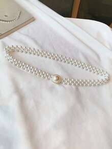 Row Pearl Waist Chain For Women, Elastic Fashion Belt For Dresses, Chic Boho Body Jewelry, Party Accessory Concert Outfit - White - View 9