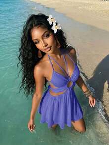 Vestido corto de mujer de crepé blanco con escote halter, encaje, parches y falda paraguas calada, versátil, casual y elegante, adecuado para vacaciones, viajes, playas, zonas costeras, piscinas, yates, tomar el sol, lindo y dulce - azul real - Ver 3