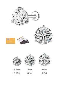 1件裝莫桑石耳釘 中性款 0.03-0.3CT S925純銀 低過敏耳環 婚禮珠寶 D色 VVS1淨度 - 銀色 - 查看 6