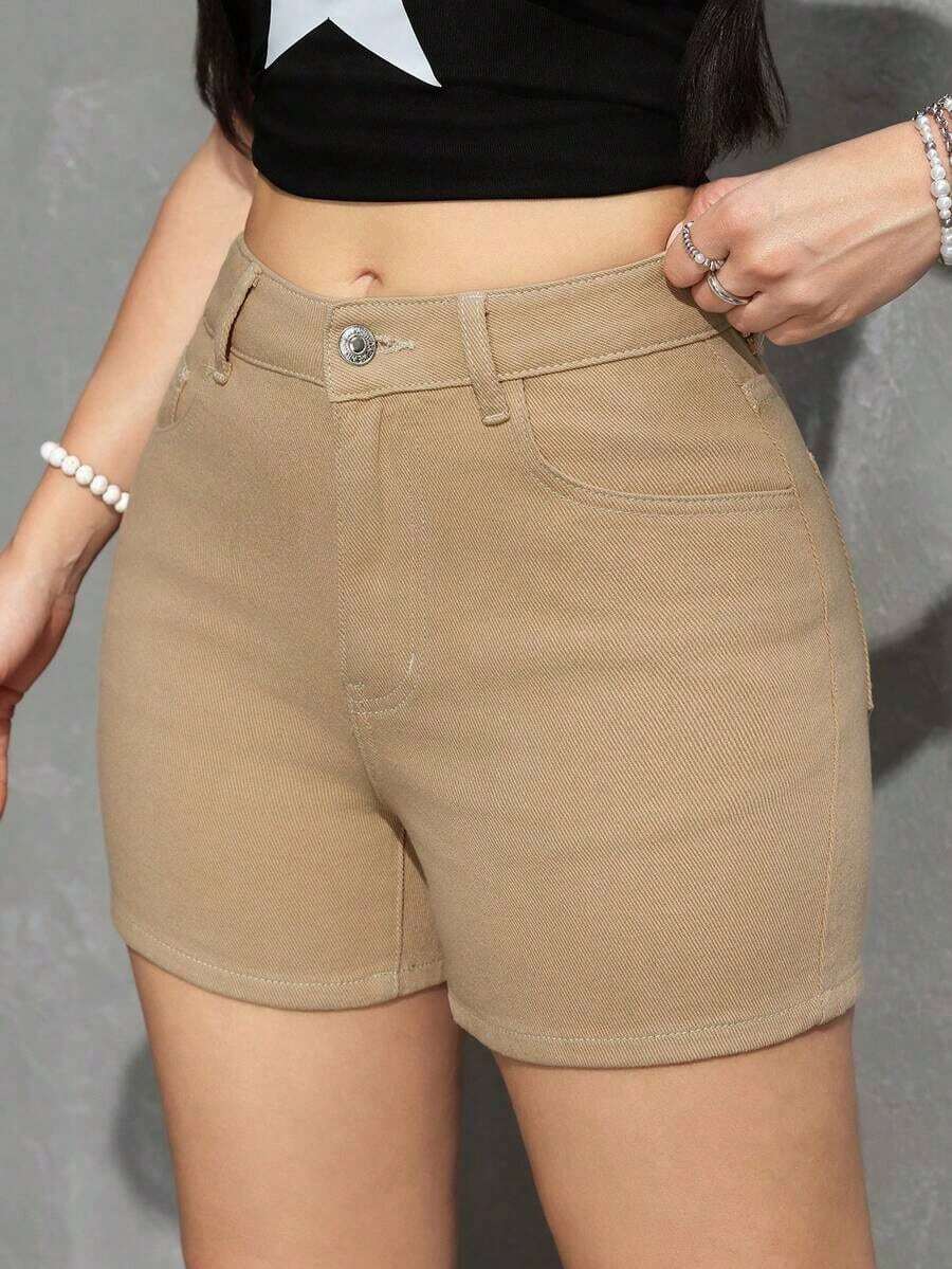 PETITE Pantalones cortos vaqueros sueltos y lavados de uso casual versátil - Caqui - Ver 1