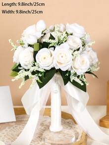 10-Inch Heart Crystal Bridal Bouquet, Lace Bow Silk Rose Wedding Ceremony Prop, Graduation Prom Gift - Multicolor - View 23