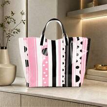 Striped & Polka Dot Print Tote Bag, Glossy PVC Waterproof Handbag, Retro Geometric Casual Shoulder Bag, Large Capacity Reusable Tote For Women, Work, Beach, Daily Shopping - 粉色 - 查看 6