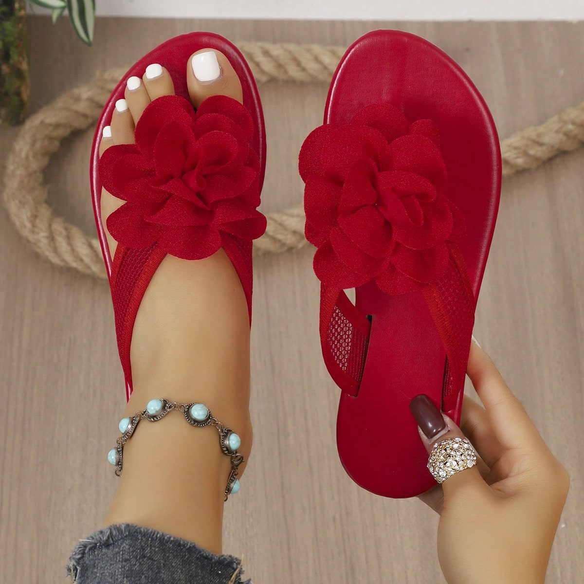 Sandalias de dedo de tela con estampado floral de unicolor, moda para playa y vacaciones