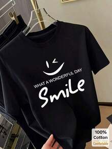 Camiseta de manga corta de longitud media, estilo oversize, con estampado de letras divertidas y cara sonriente, top casual a la moda para mujer, color blanco, para verano, 100% algodón. - Negro - Ver 7