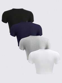 BASICS Set de 4 camisetas cortas de manga corta, ajustadas, con cuello redondo y de un solo color, de punto, para mujer - Rosa Pálido - Ver 7