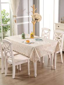 HXARTMIS 1pc French Vintage Lace Trimmed Tablecloth, Linen Texture Rectangular Table Cover, Embroidered Floral Lace Edging, Washable Dining Table Cloth, Suitable For Kitchen, Wedding, Party And Home Decor - Grey Hemp - View 5