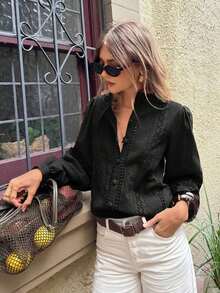 Camisa de mujer de unicolor con cuello Mao, versátil y casual para uso diario - Negro - Ver 6