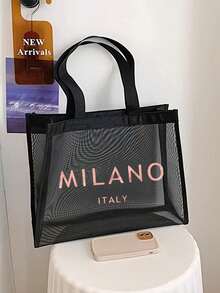 大容量網格肩背包附化妝包功能，飾有玫瑰金「Milano」標誌。這是一款便攜式海灘度假大容量托特包、網格海灘包、便攜式透明網格化妝包和收納包。它是適合男士、女士、情侶日常使用、約會、生日和其他場合的理想購物袋。 - 彩色 - 查看 8
