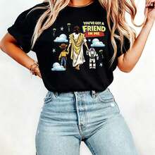 Disney Women's Loose T-Shirt 1PC Licensed "Jesus & Toy Story Woody Buzz You've Got A Friend In Me" Cartoon Printed Oversized T‑Shirt, Short Sleeve Casual Tee For Daily Wear & Faith‑Themed Outfits. Unisex For All Ages. High‑Quality Cotton Fabric, Soft & Breathable. Creative Faith‑Friendship Combined Print Design, Ideal Gift For Christian Believers & Toy Story Fans. - Black - View 1