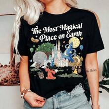 Disney Women's T-Shirt  1PC Licensed "Vintage The Most Magical Place On Earth Sorcerer Mickey Disney Park Landmarks" Cartoon Printed Oversized T‑Shirt, Short Sleeve Tee For Disney Travel, Vacations & Theme Parks. 2026 New Style, Ideal For Family Outings & Matching Outfits, Unisex For All Ages. High‑Quality Cotton Fabric, Soft & Breathable. Retro Boho‑Style Park Castle, Spaceship Earth & Fantasia Wizard Mickey Print Design, The Best Gift For Disney Park Fans & Family Vacation Lovers. - Black - View 1