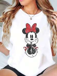 Minnie Mouse Glitter Print Disney Women T Shirt Round Neck Short Sleeve Casual Everyday Wear Summer Holiday Soft Comfortable 220g - trắng - Xem 1