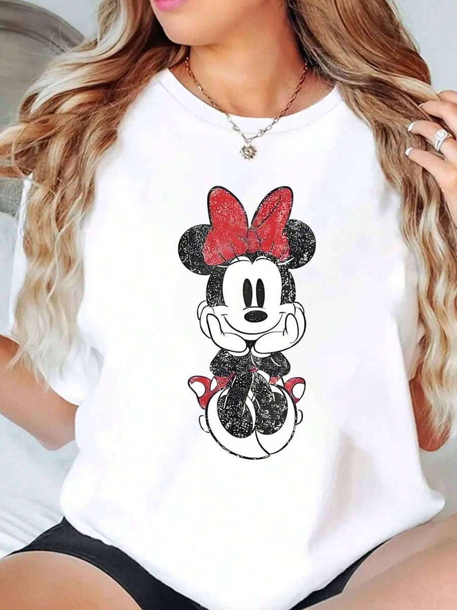 Minnie Mouse Glitter Print Disney Women T Shirt Round Neck Short Sleeve Casual Everyday Wear Summer Holiday Soft Comfortable 220g - trắng - Xem 1