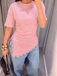 Camiseta de mujer de punto de unicolor con encaje en contraste, asimétrica/asimétrica, adecuada para el hogar, uso diario, vuelta al colegio, fiesta, casual de primavera/verano en color negro - Rosa - Ver 2