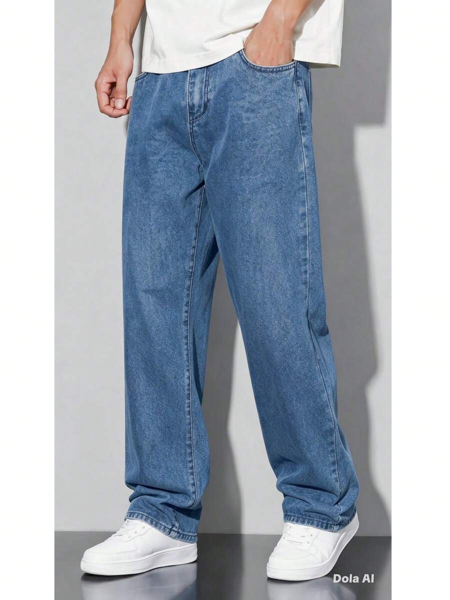 Men's Balloon Jeans, Straight Leg, Baggy Premium Streetwear, Oversized, Rapper Denim, Skater Style, Loose Fit - 藍色的 - 查看 1
