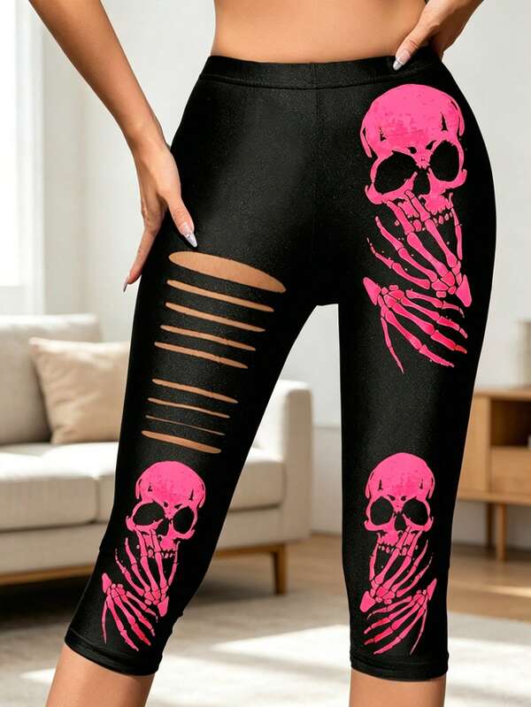 1 chiếc quần legging nữ ôm sát co giãn rách 3/4 in hình đầu lâu màu hồng, màu trơn phong cách thường ngày phù hợp mặc hằng ngày