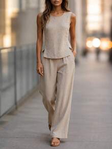 Women's Linen 2 Pieces Set, Casual Solid Color Round Neck Vest And Wide Leg Pants, Summer Elegant - Khaki - View 2